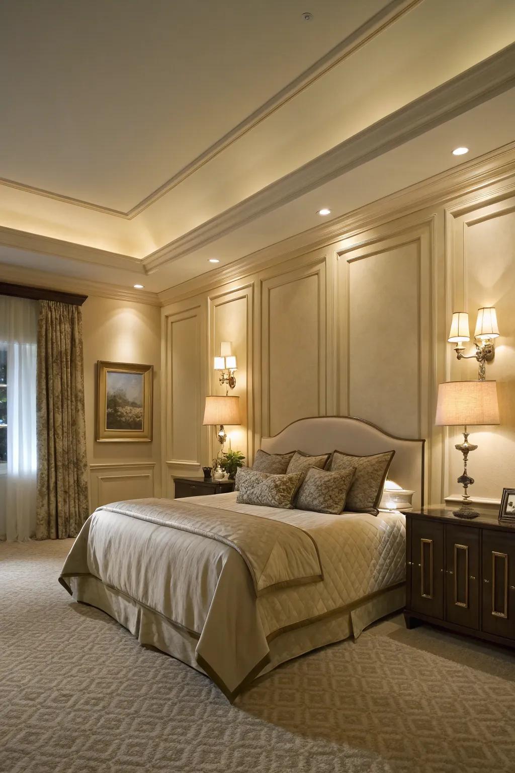 Built-in lighting within wainscoting introduces comfort and sophistication.