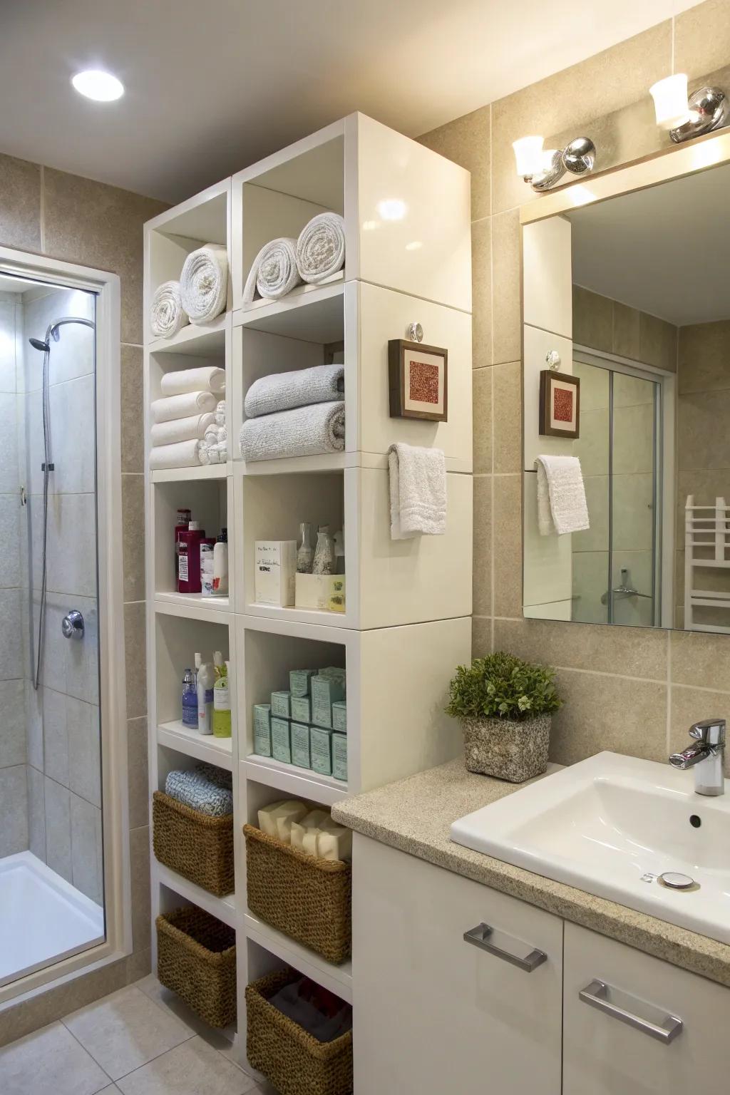 Keep your bathroom organized with stylish wall cubes.
