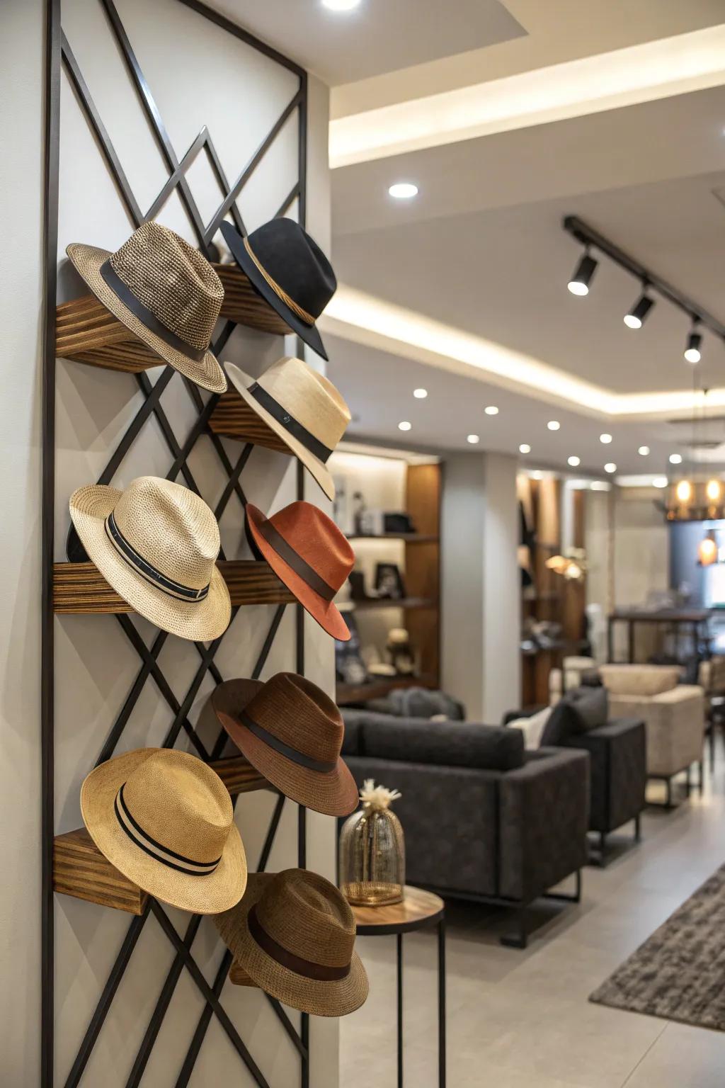 A decorative zig-zag wall rack for hats