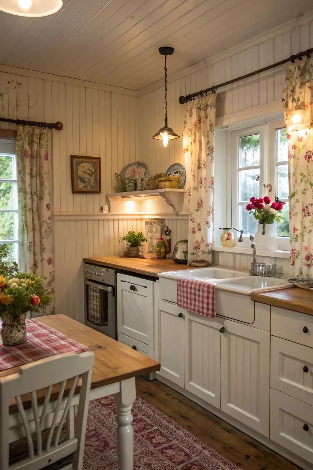 Plank paneling adds quaint charm to this cozy cooking area.