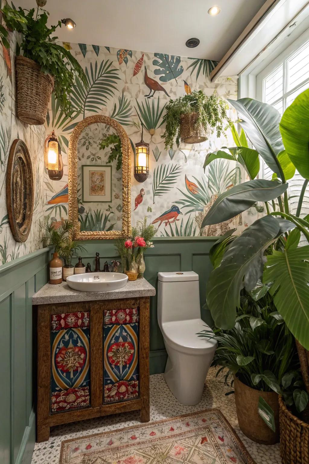 Exotic wallpaper transforms a restroom into a revitalizing getaway.