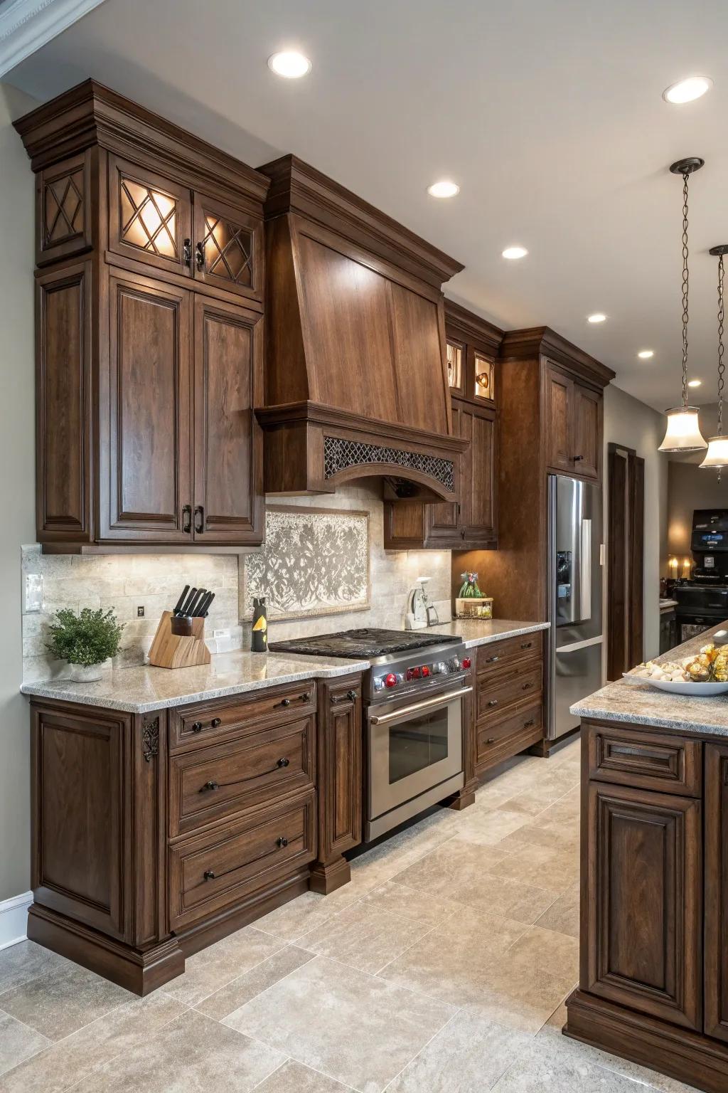 Pecan finish cabinets can serve as a dramatic kitchen focal point.