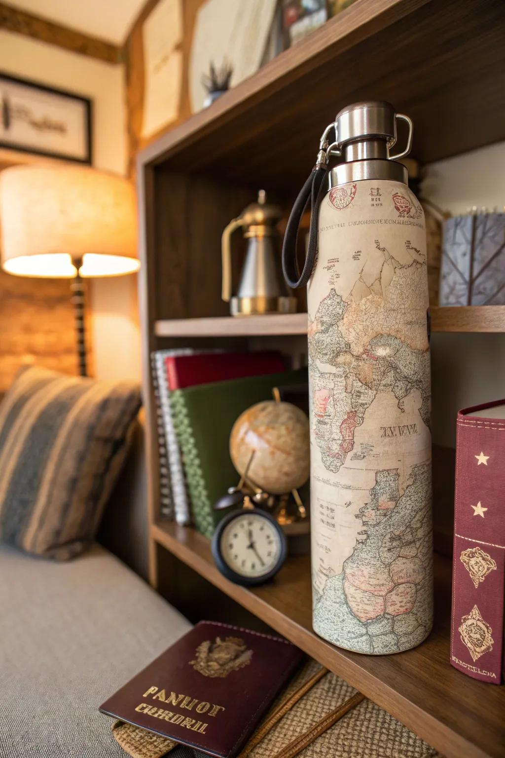 A hydration bottle enshrouded in classic chart paper for a travel ambience.