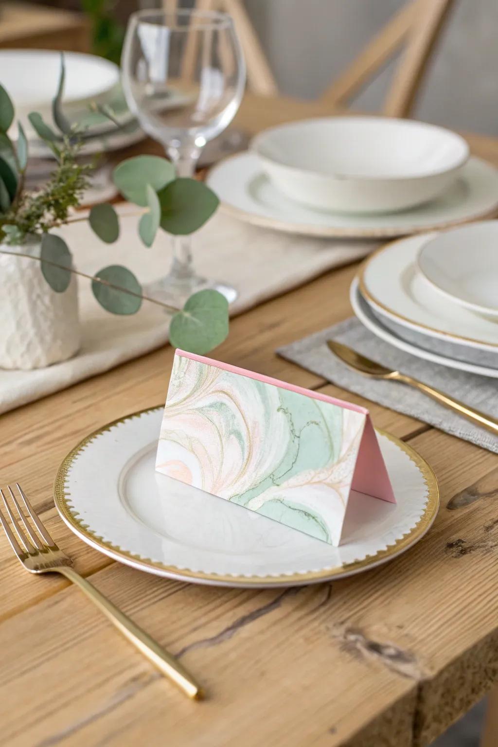 Enhance your dinner party with elegant marbled place cards that blend artistic flair with minimalist grace.