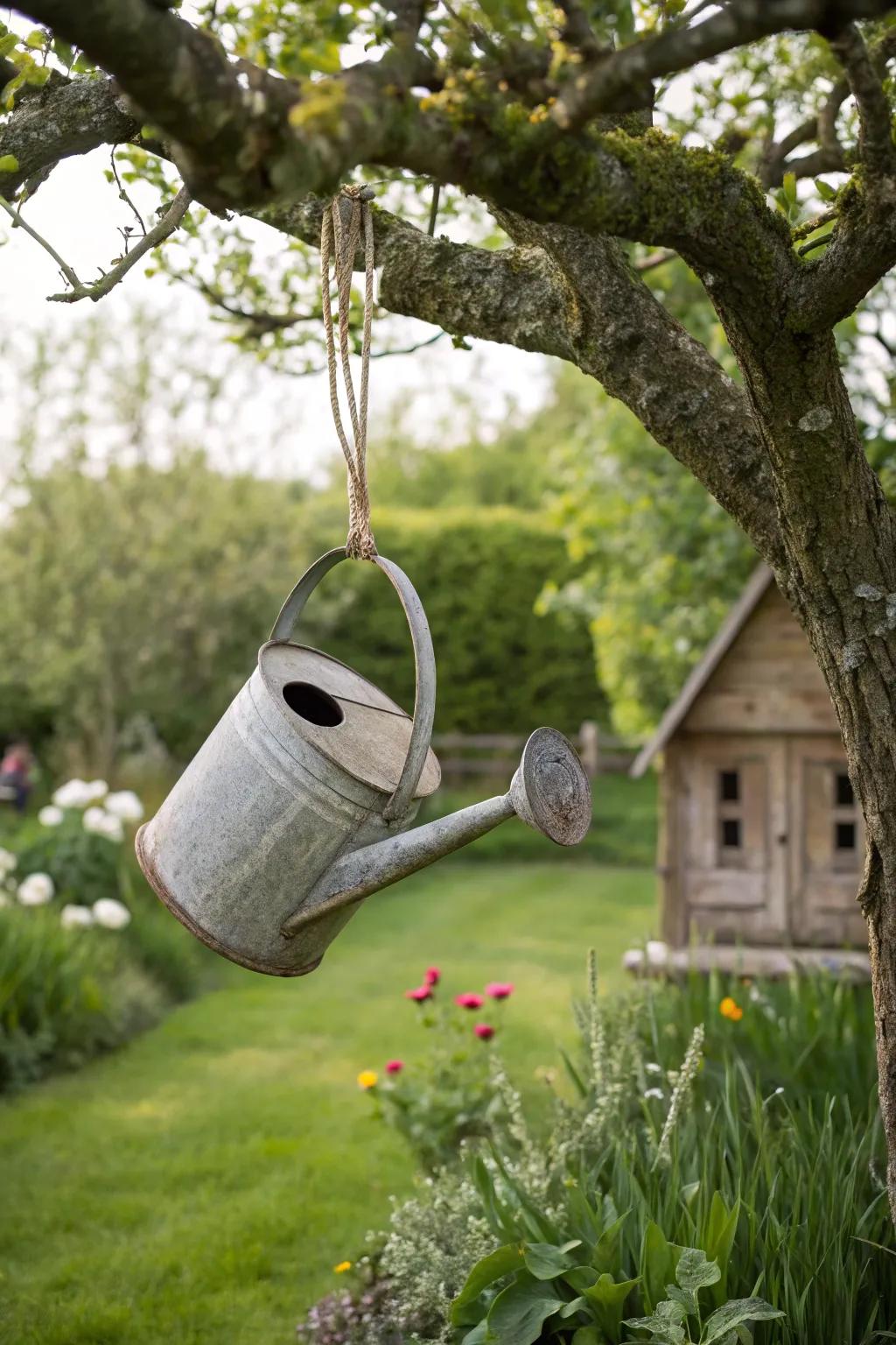 A charming bird sanctuary crafted from a watering can.