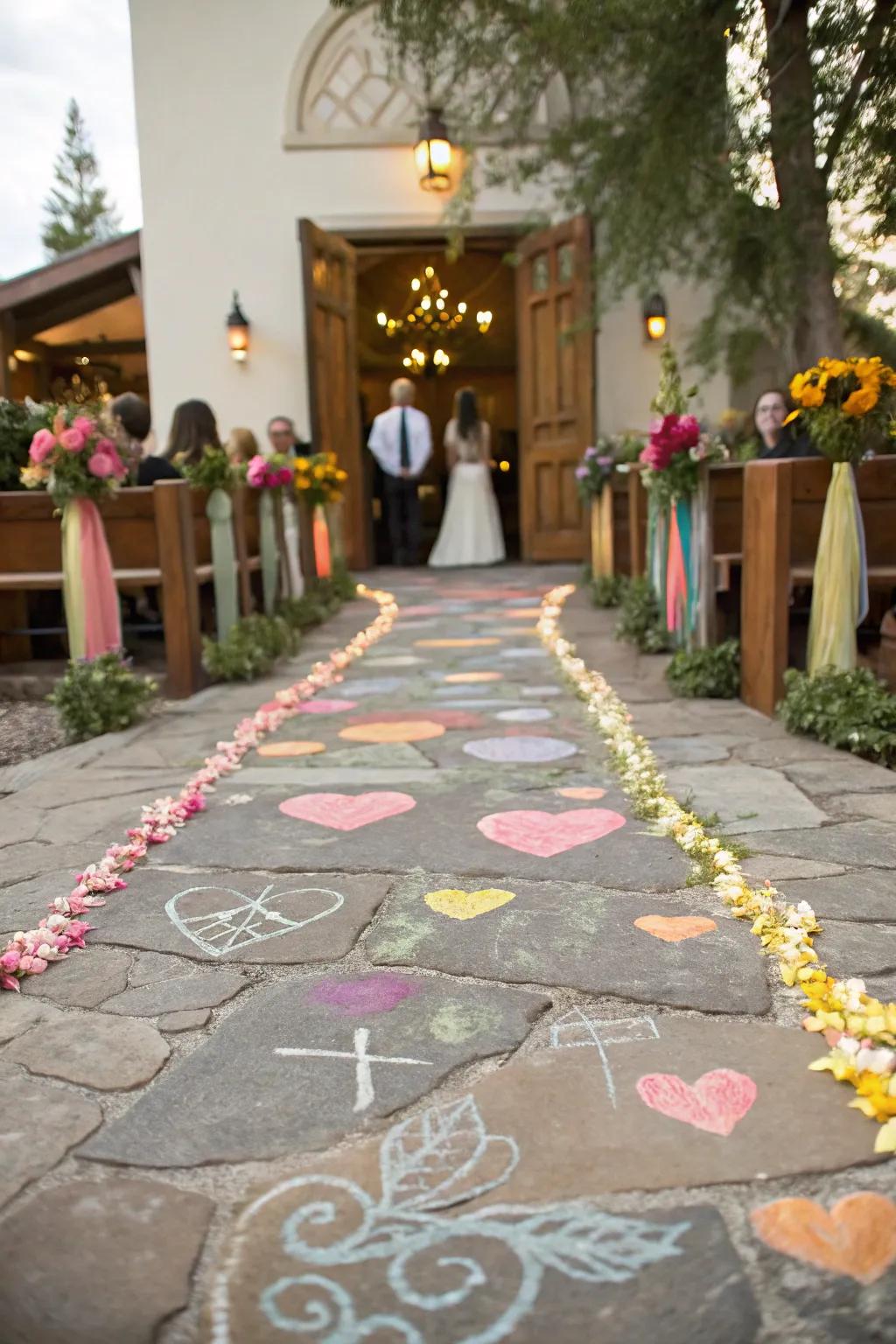 A whimsical aisle showcases vibrant chalk art for a playful vibe.