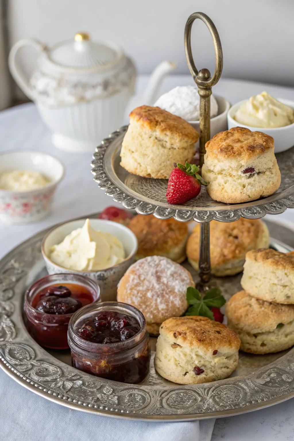 A selection of scones accompanied by various jams and clotted cream for a cozy touch.