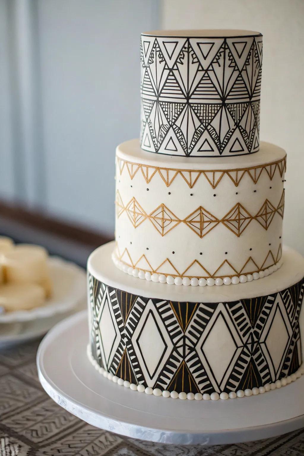 A wedding cake with symmetrical arrangements for a modern twist.