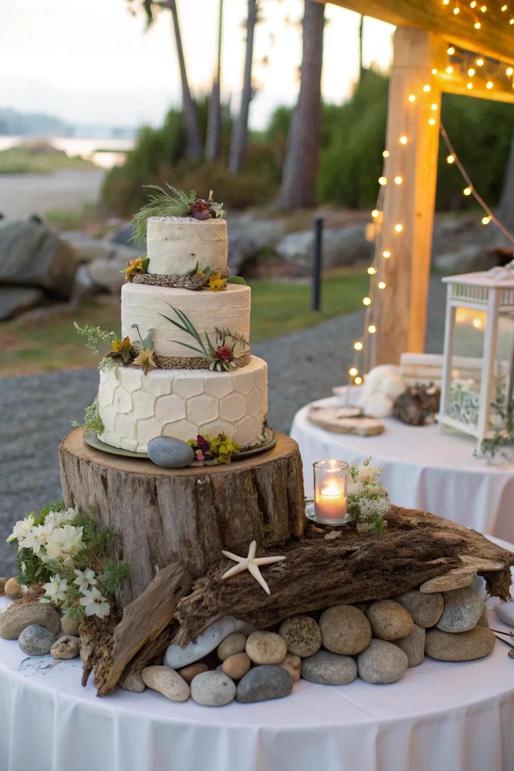 Natural components inject a distinctive touch into the cake display.