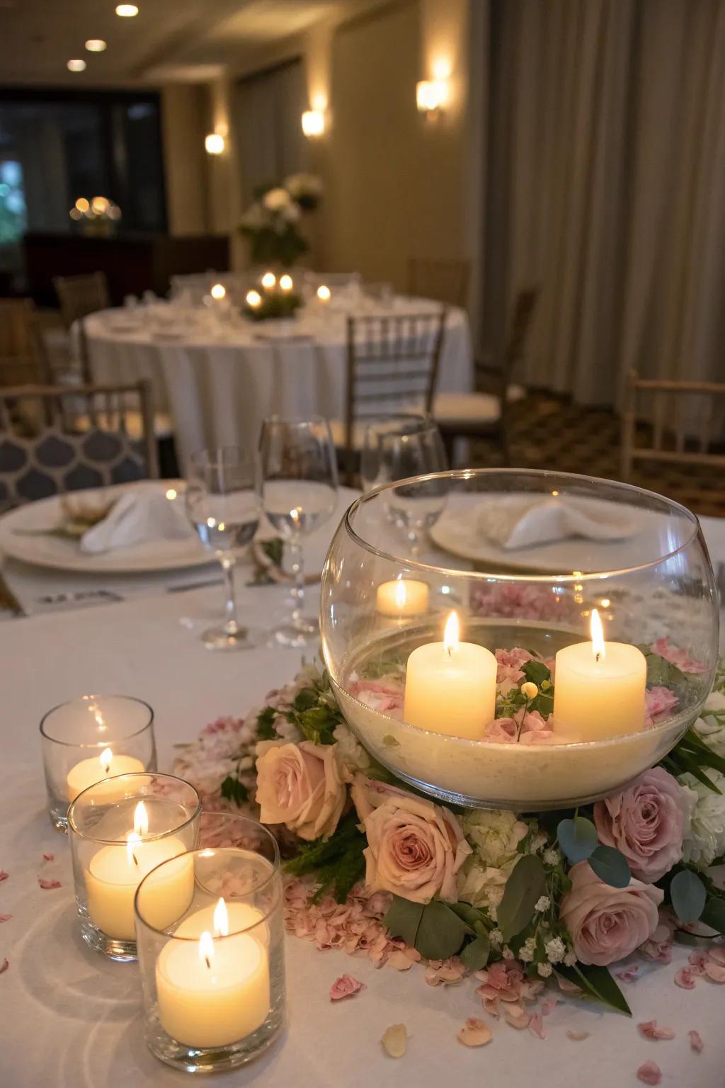 Candles on the water add a tranquil and magical element to the centerpiece.
