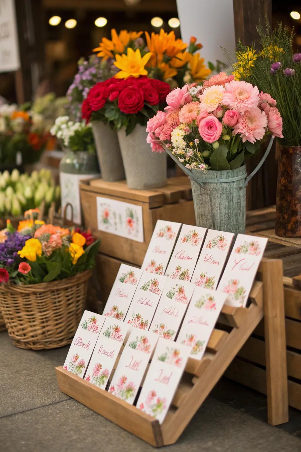 A special escort card display at a wedding, featuring a charming flower market theme.