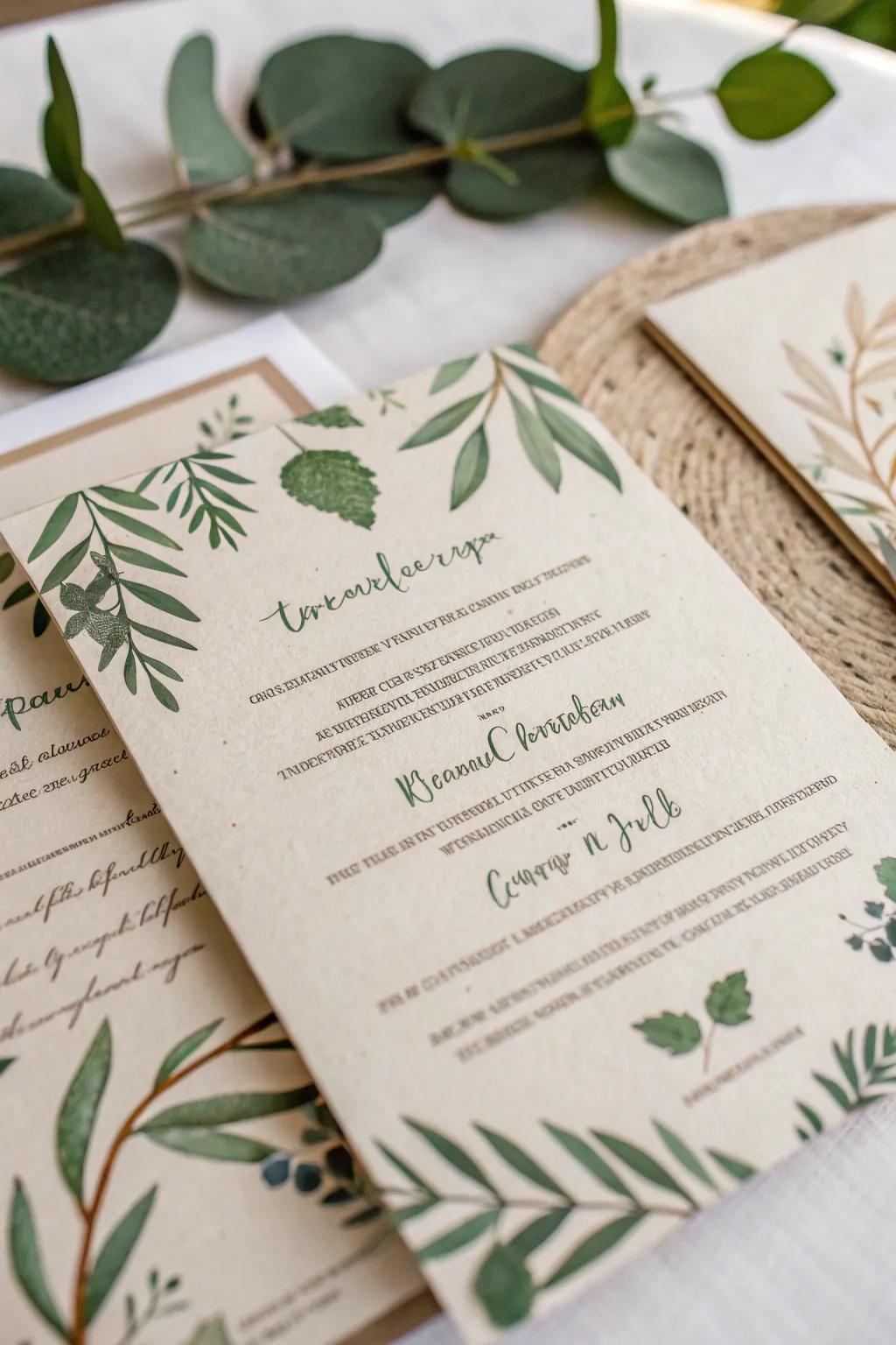 Eco-conscious wedding announcement crafted from sustainable resources.