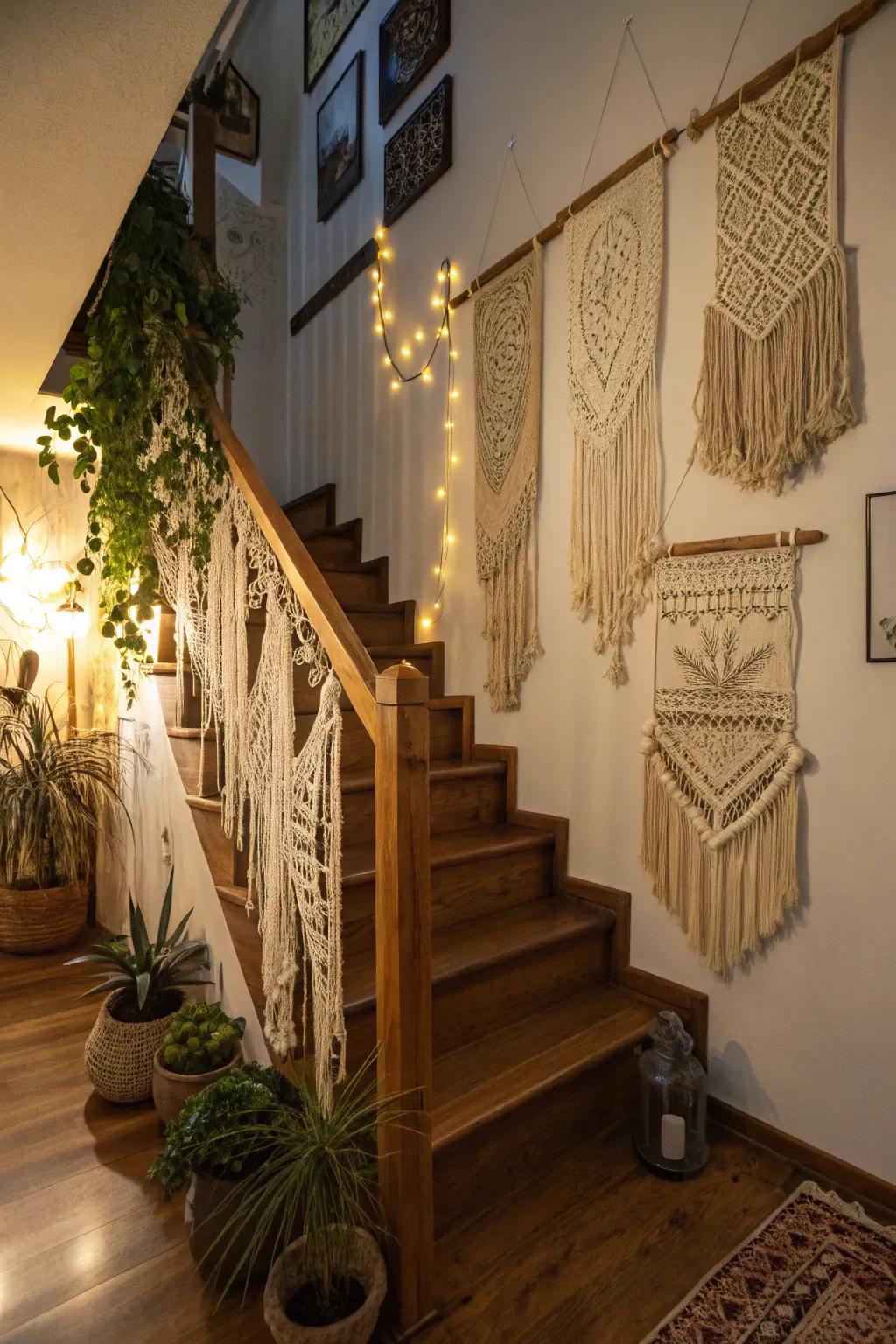 Bohemian elements introduce a laid-back and eclectic vibe to this staircase.