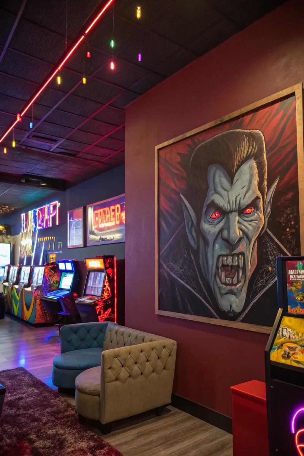 A ghastly face painting infusing a strong element into a vibrant gaming space.