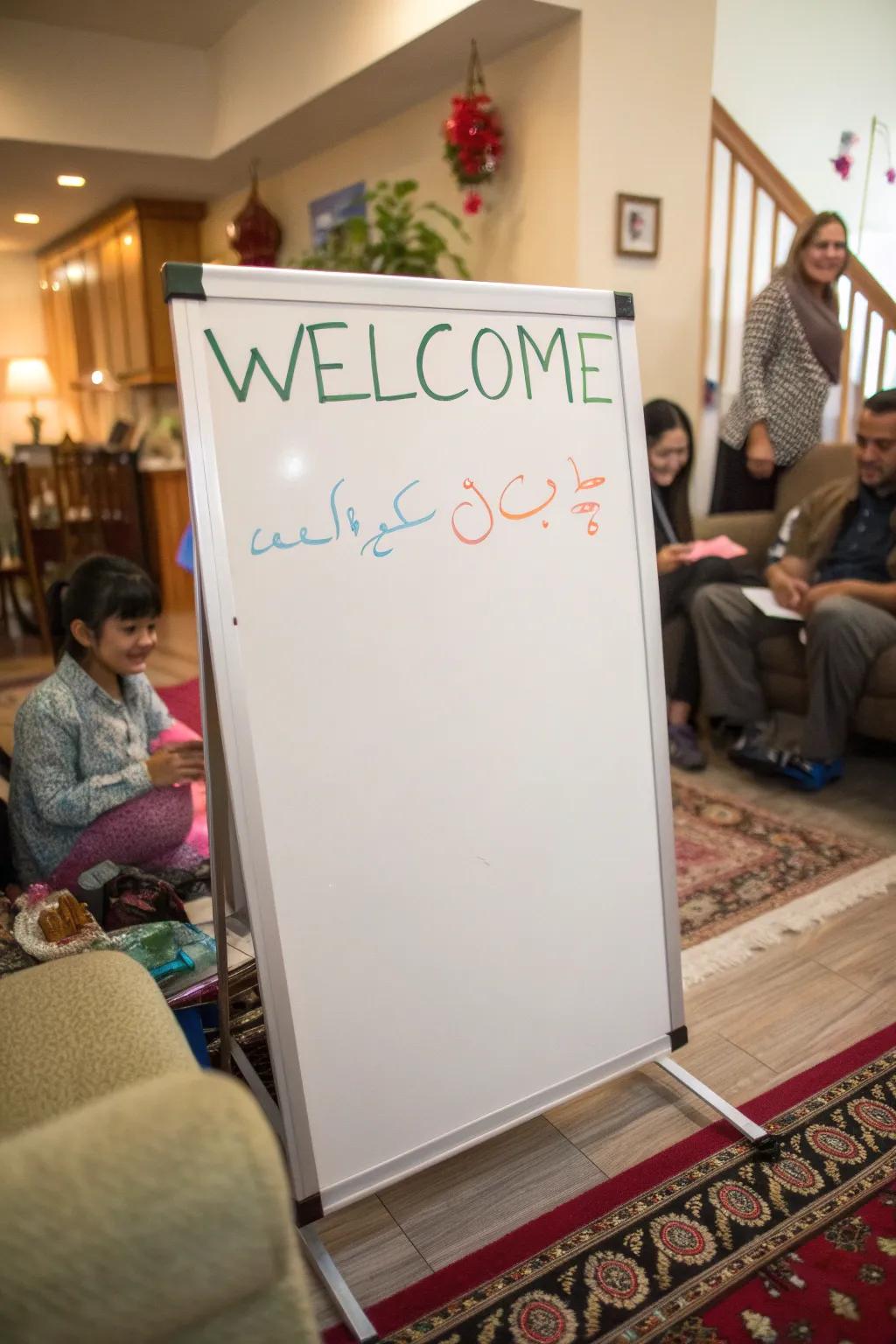 A multicultural welcome note on a display board.