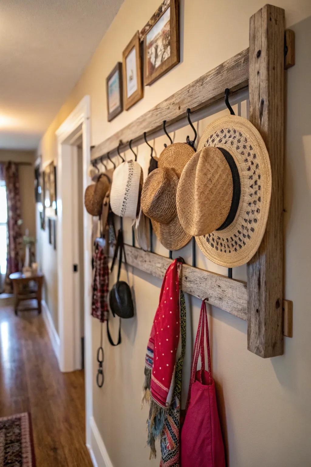 Prairie timber hat rack displaying a collection of hats.