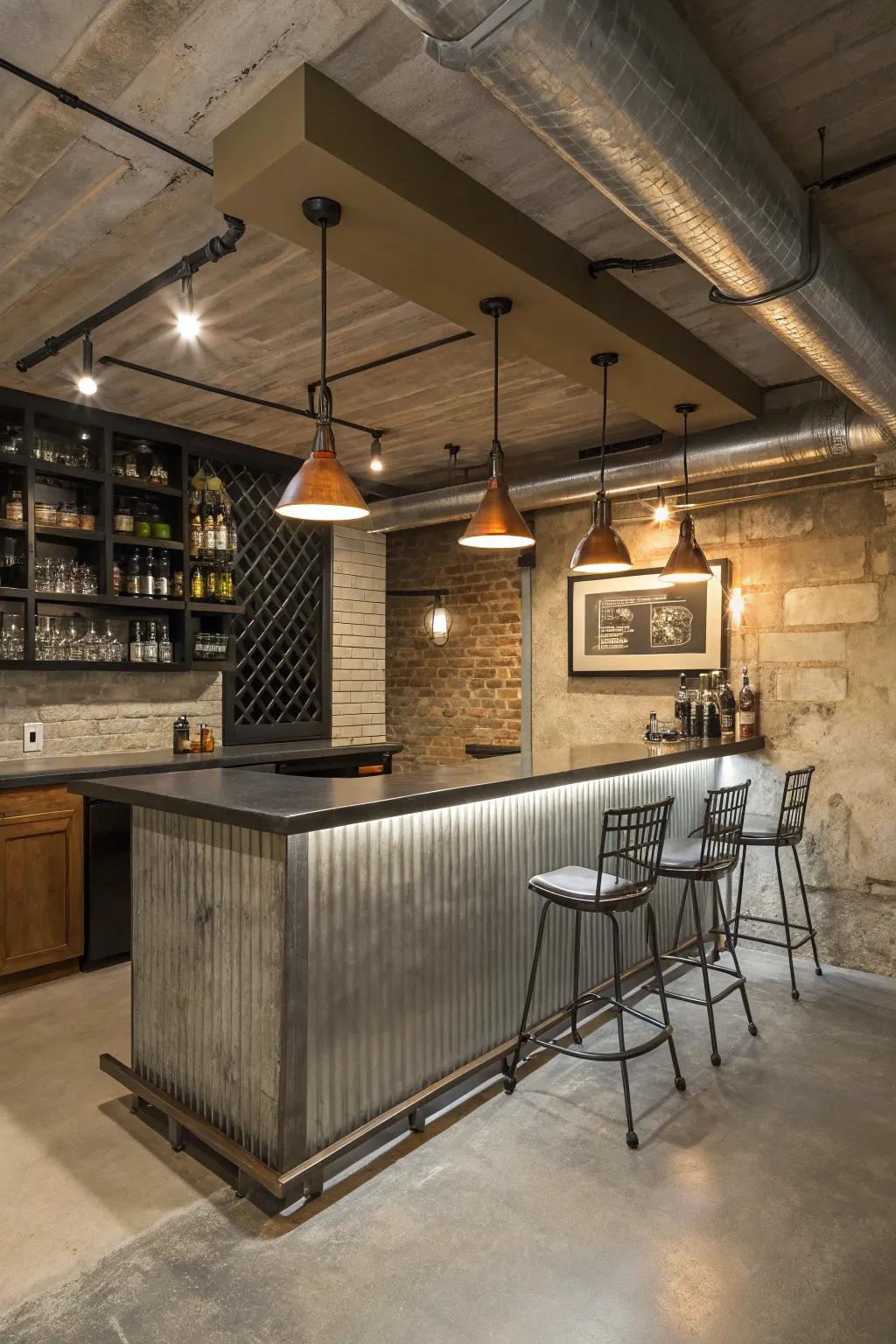 Metal details can provide an industrial edge to your basement wet bar.