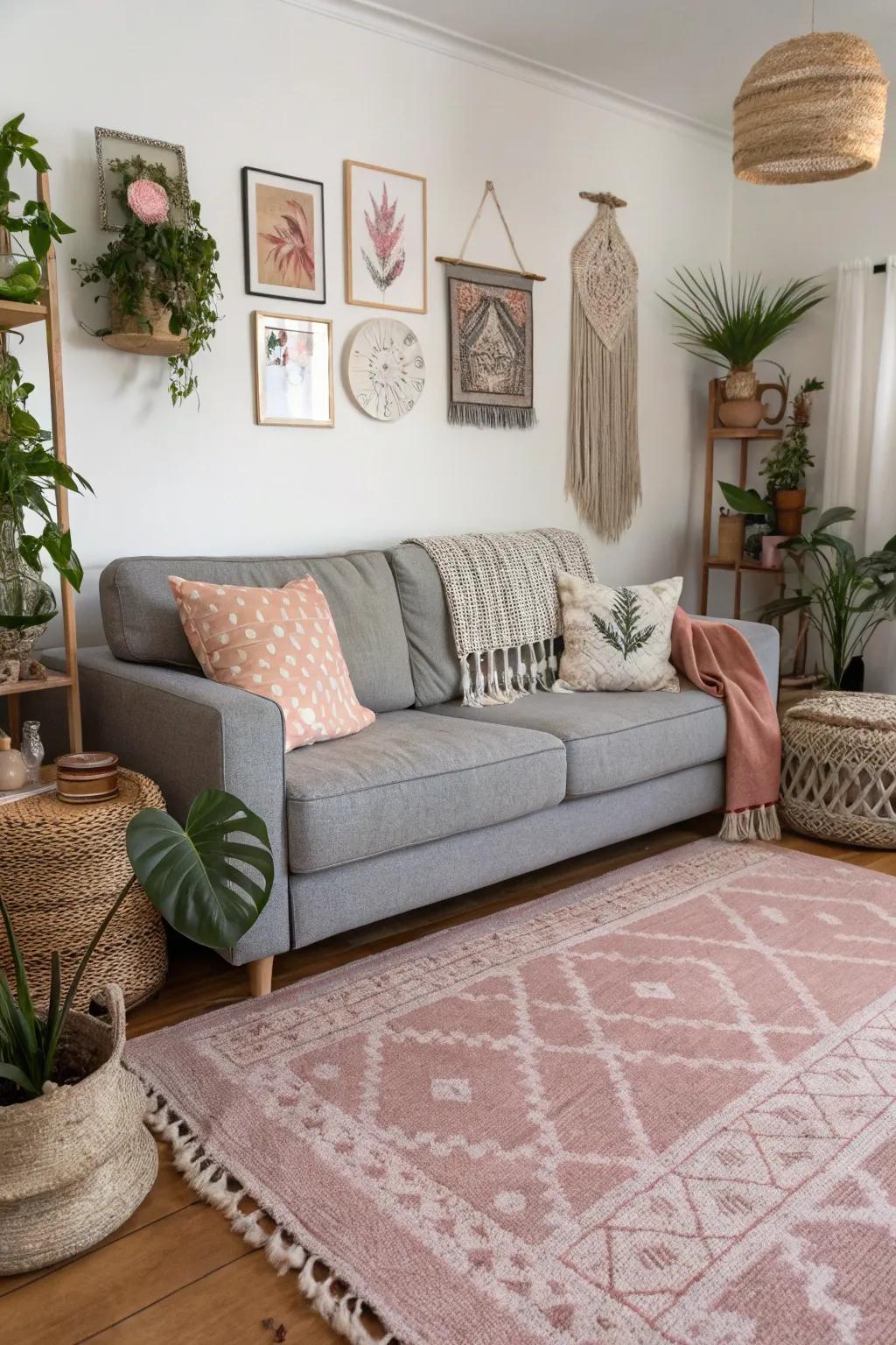 Rose gold rugs create a boho chic and relaxed vibe.