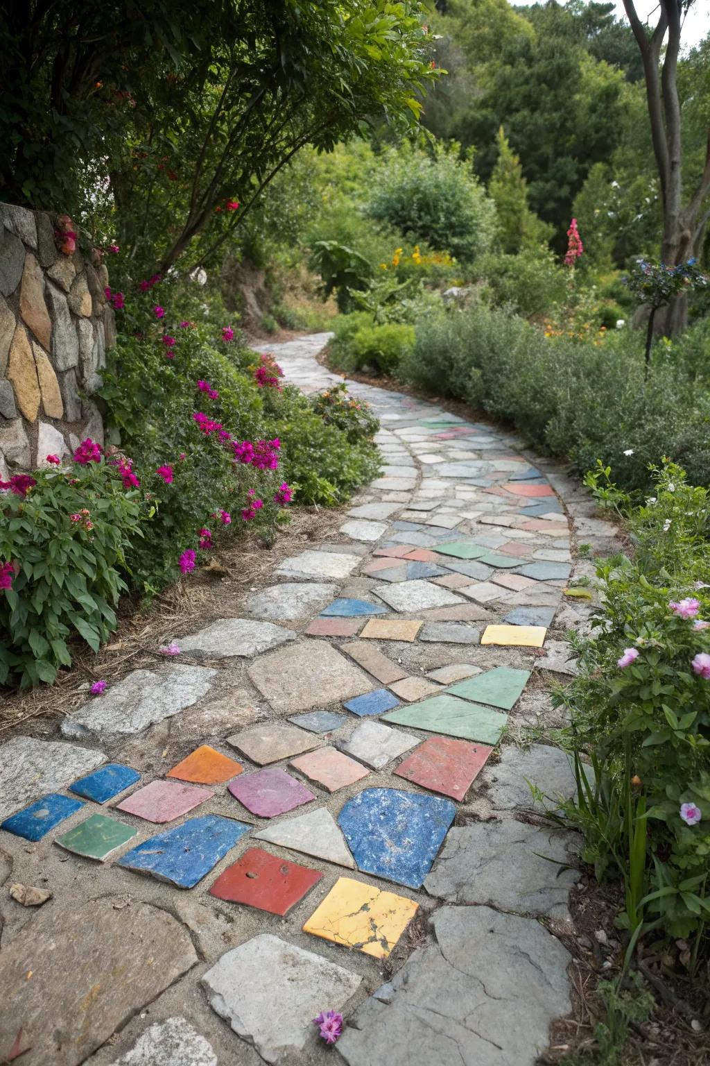 Tile shards adding an unexpected burst of color between pavers.