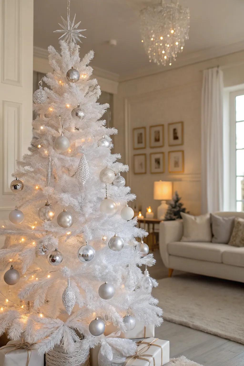 Subtle elegance via clear glass baubles on a white Christmas tree.