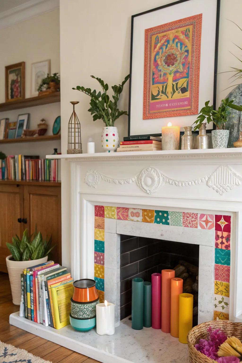An eclectic mix of decor items adds a personal touch to a white fireplace.
