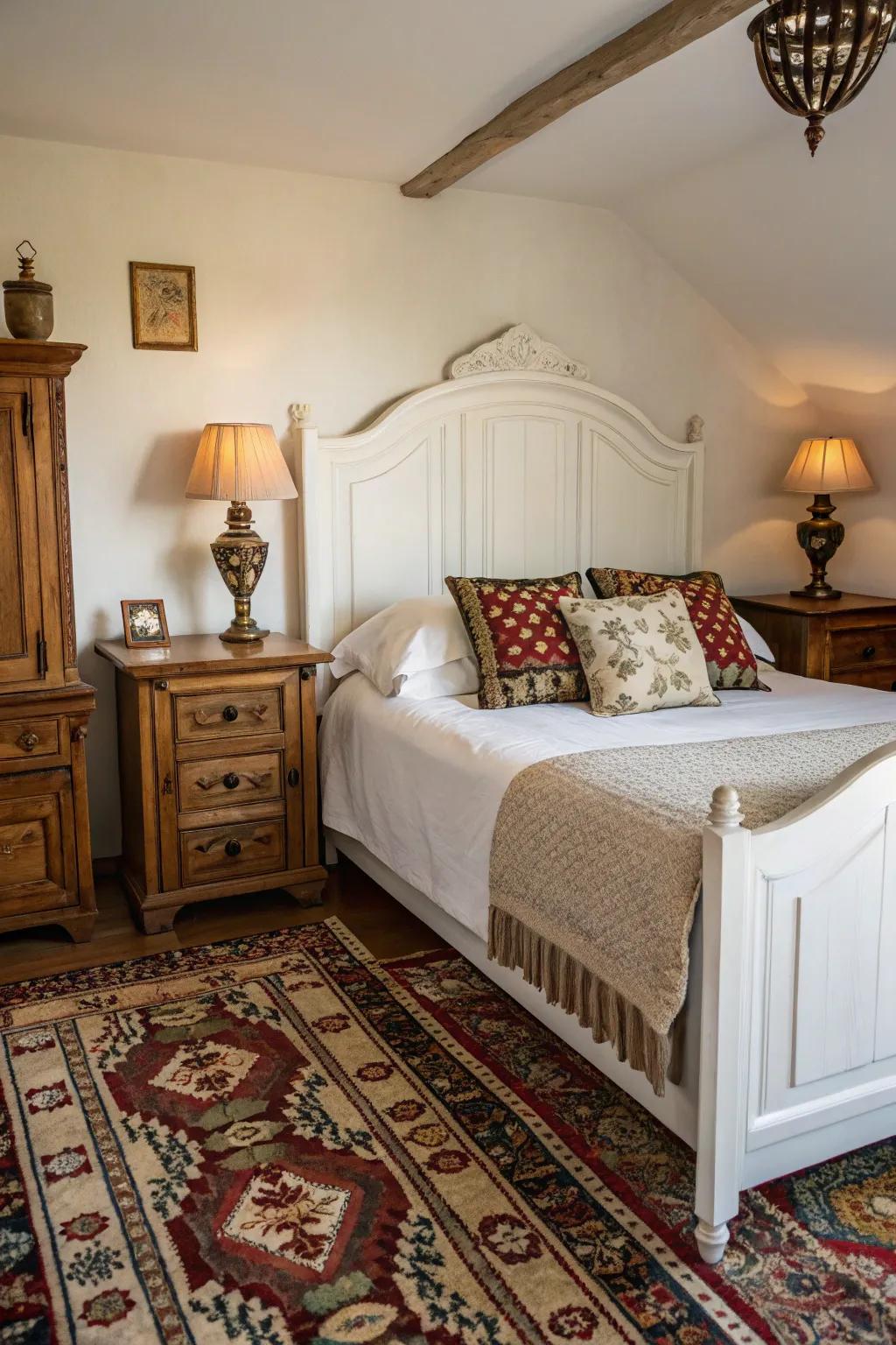 Vintage touches add character to the bedroom.