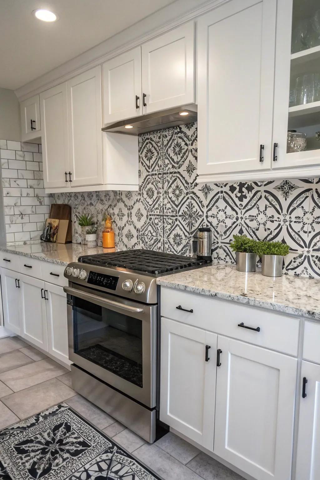 A striking statement with black and white designs contrasting frost white granite.