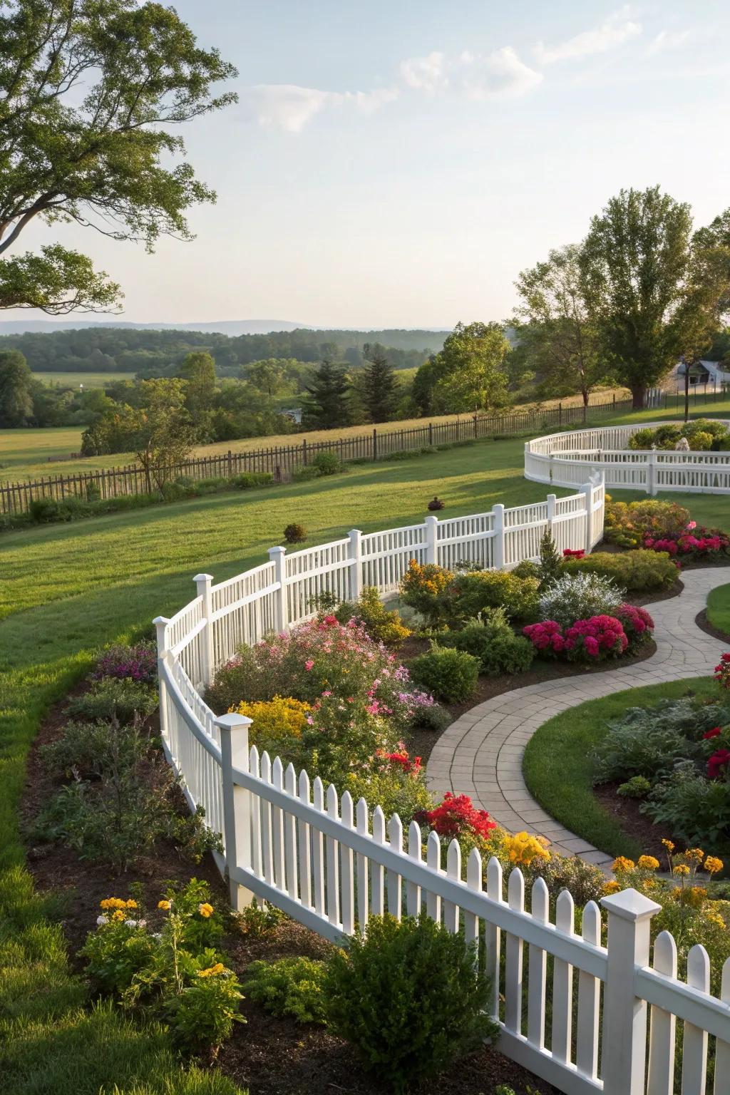 A curved white fence adds a graceful touch to garden design.