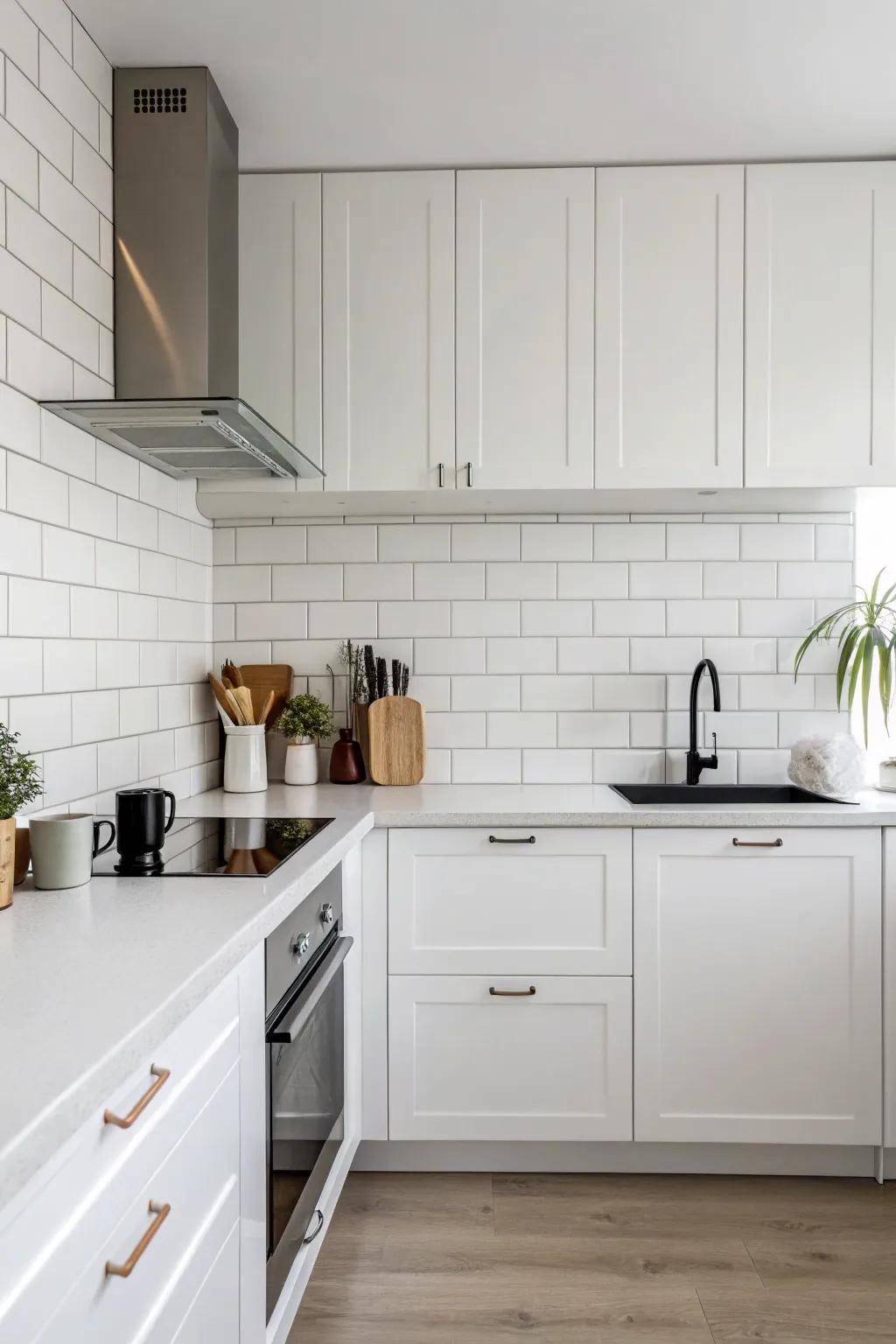 Minimalist cooking space that features a plain white crystalized stone backsplash.
