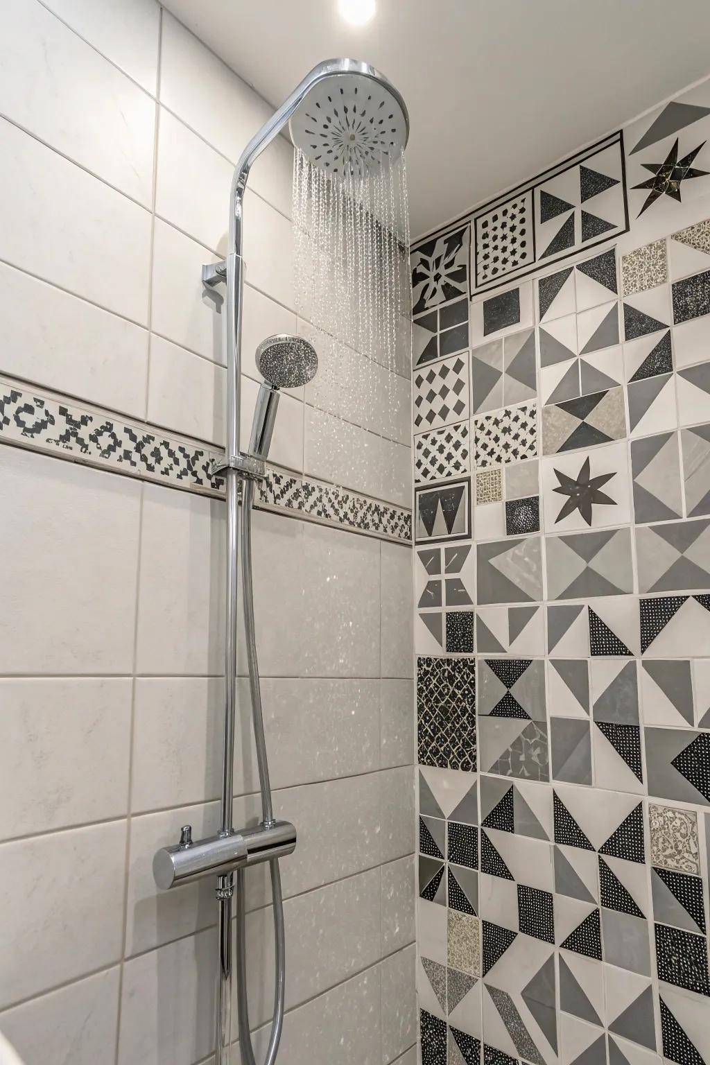 Patterned tiles adding a twist to a white shower design.