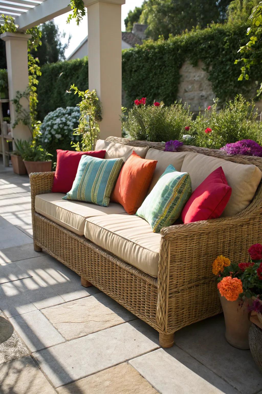 Breathing new life into rattan furniture with fresh pillows.