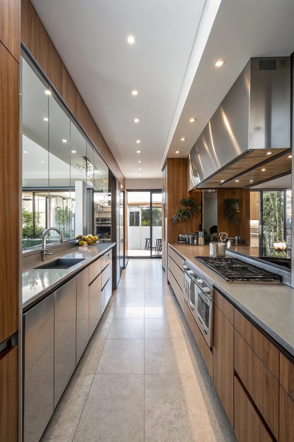 Mirrors creating an illusion of enhanced space in a wide galley kitchen.