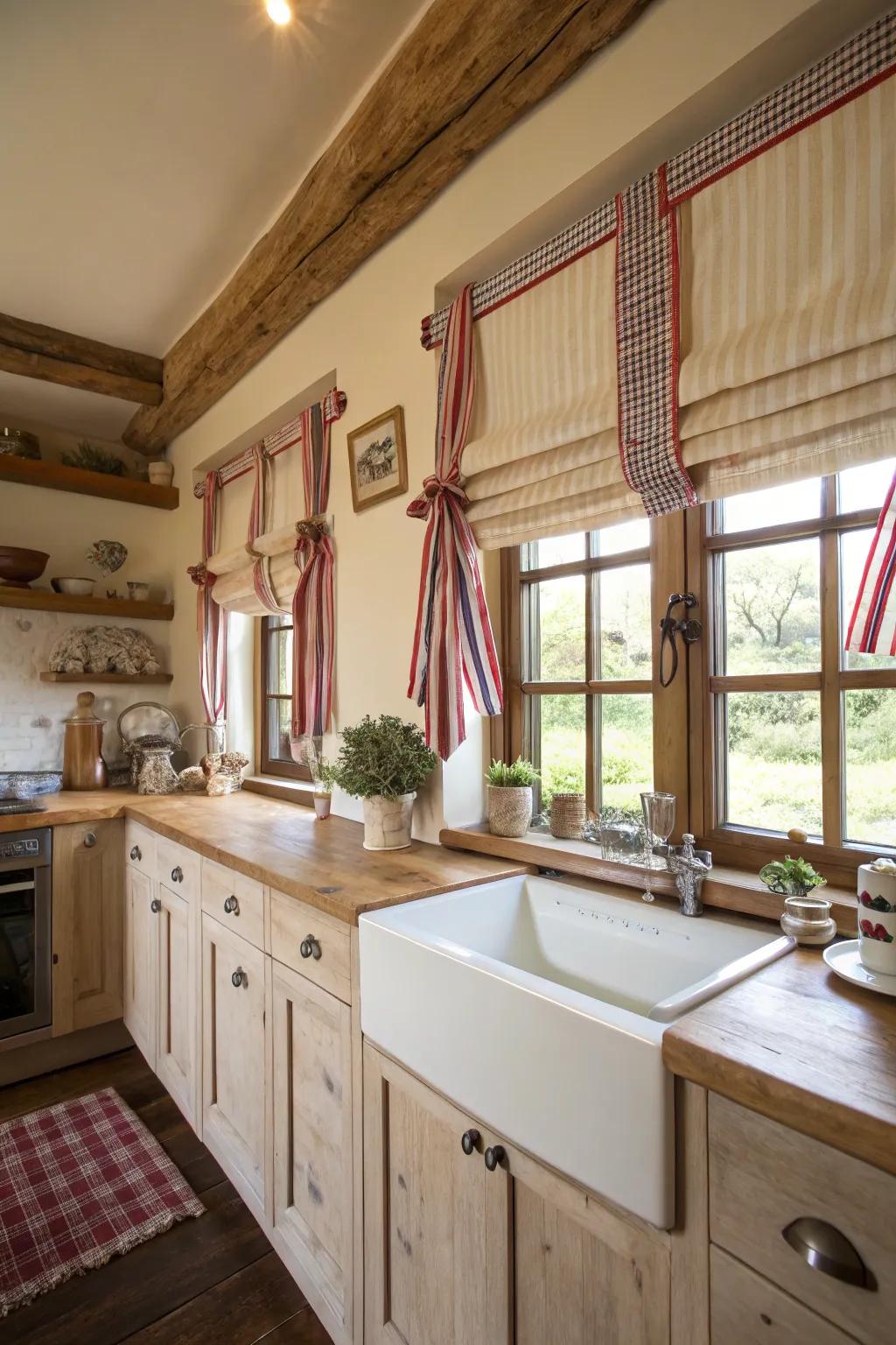 Tied-up coverings adding eclectic appeal to a country style cooking area.