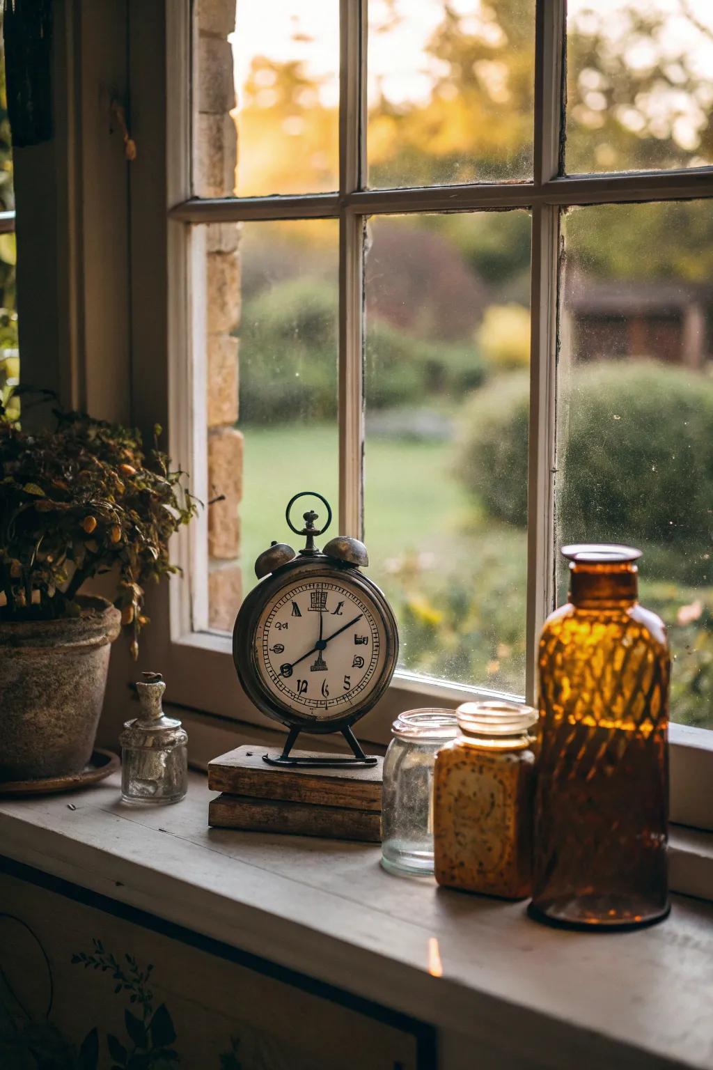 The incorporation of vintage decorative items brings a sense of nostalgia to a windowsill.
