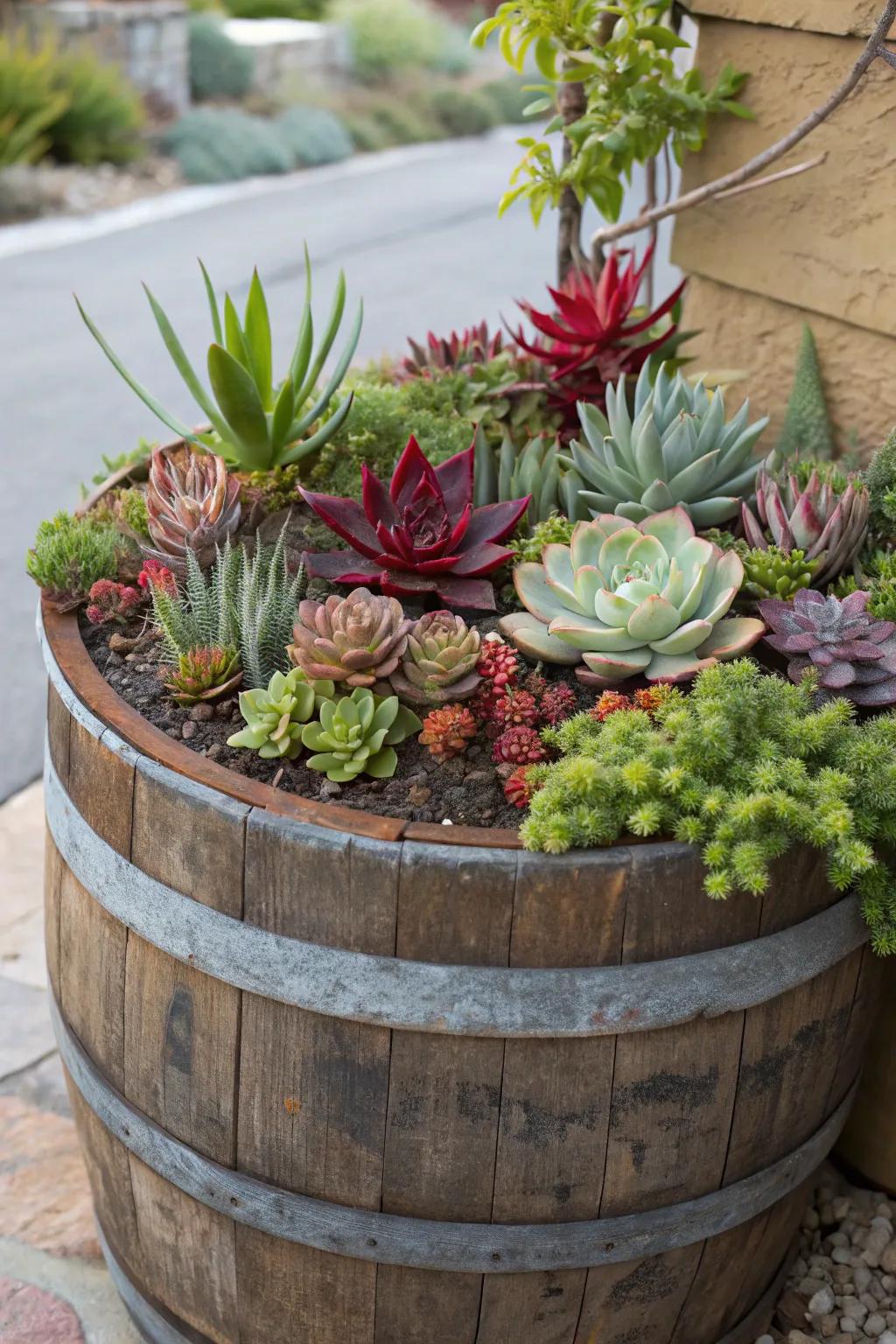 A vibrant succulent garden in a wine cask.