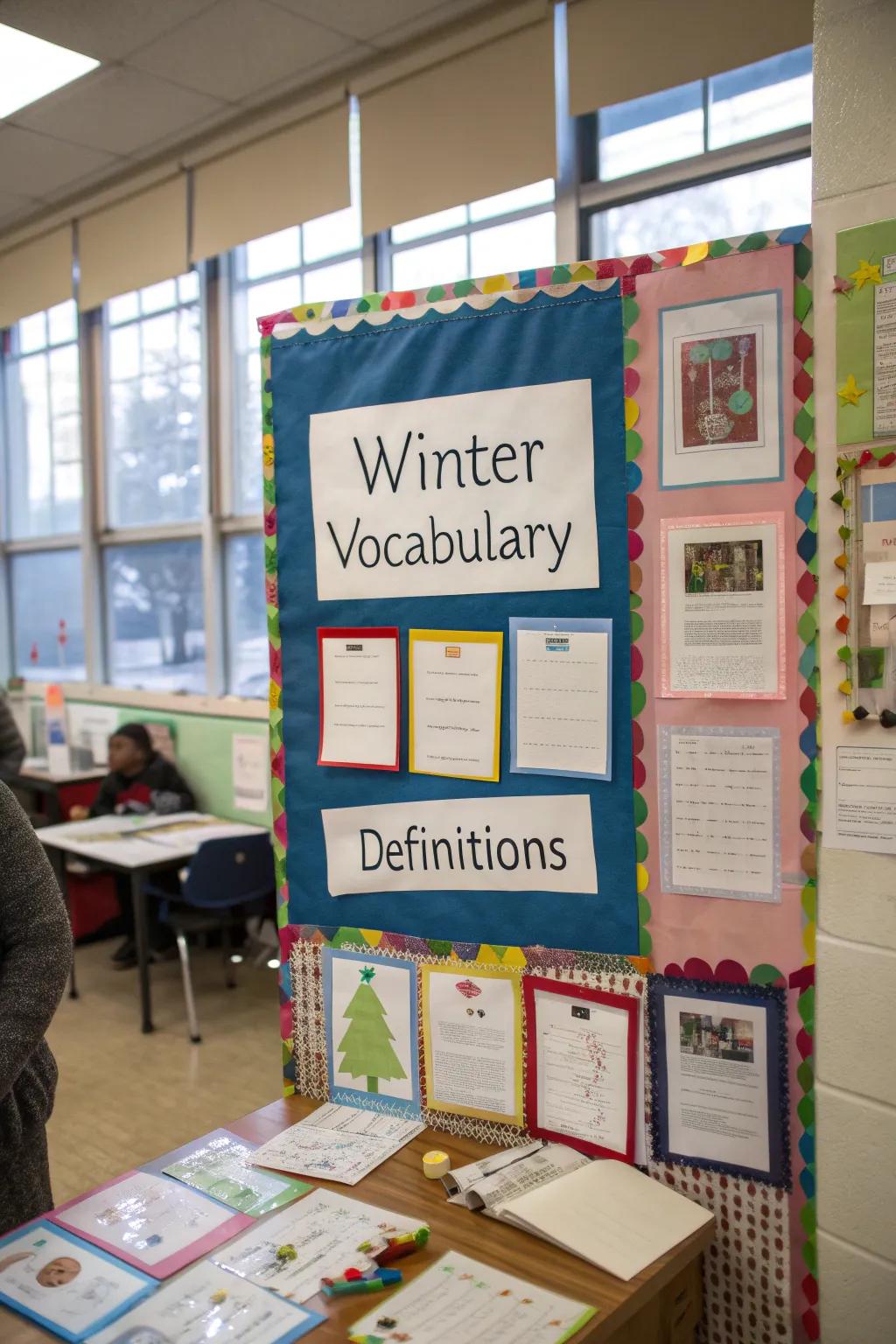 A seasonal terms corner enriches the bulletin board with winter-themed learning.