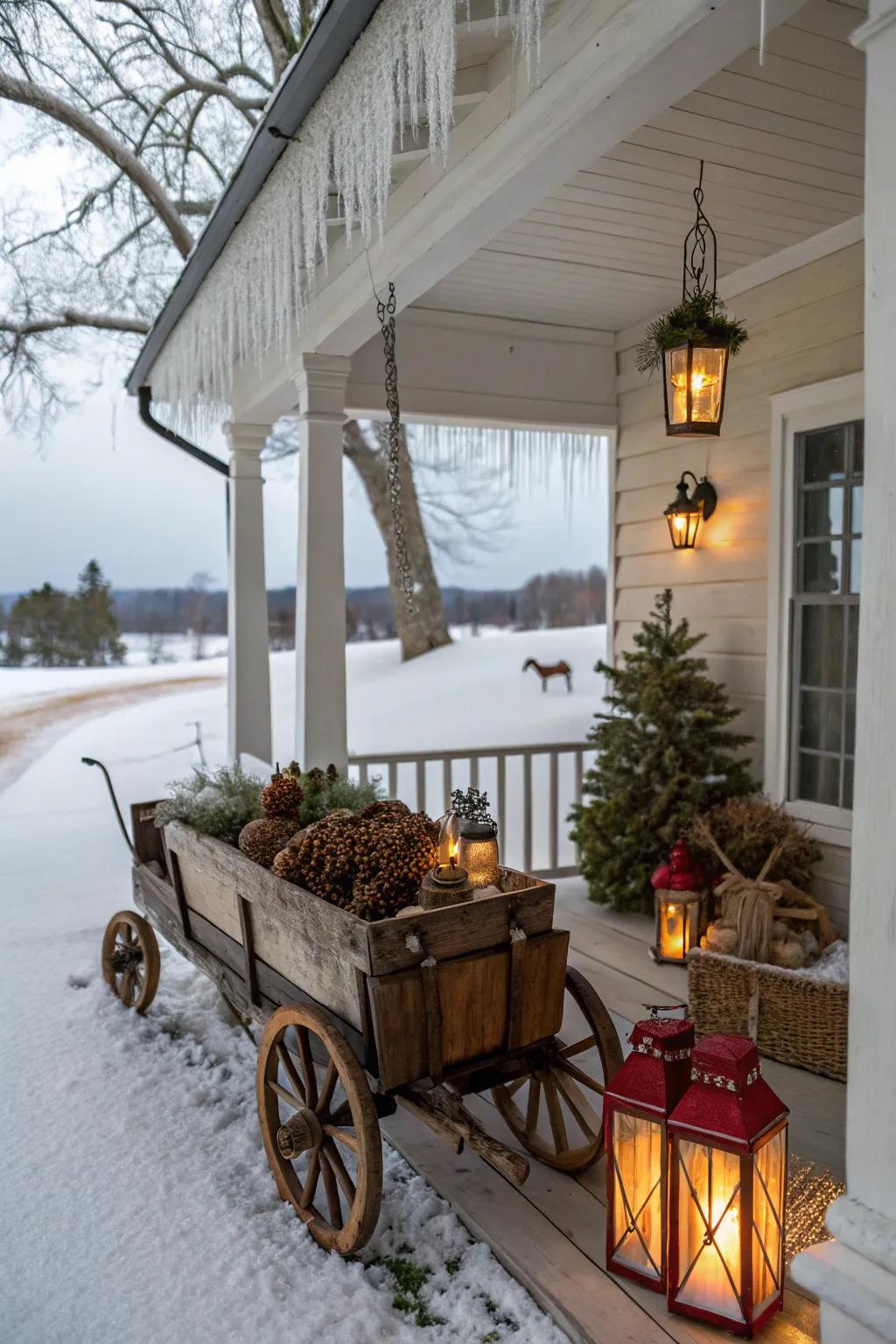 A vintage wagon contributes charm and character to this winter porch.