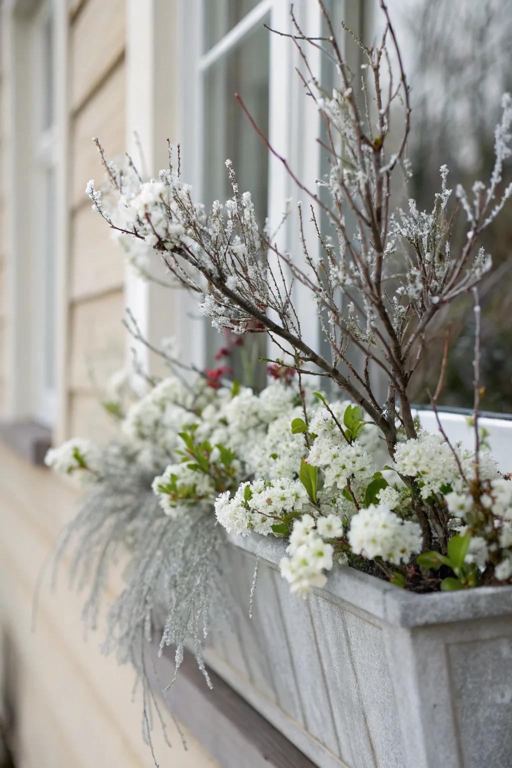 White blossoms and snow-kissed branches craft a serene winter window box.