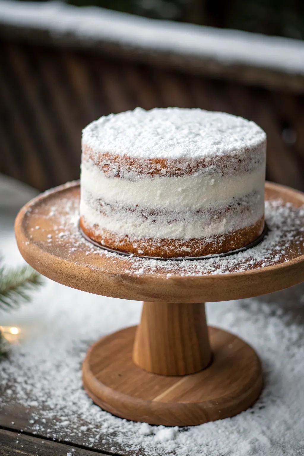 A down-to-earth uncovered cake featuring a snowy spin.