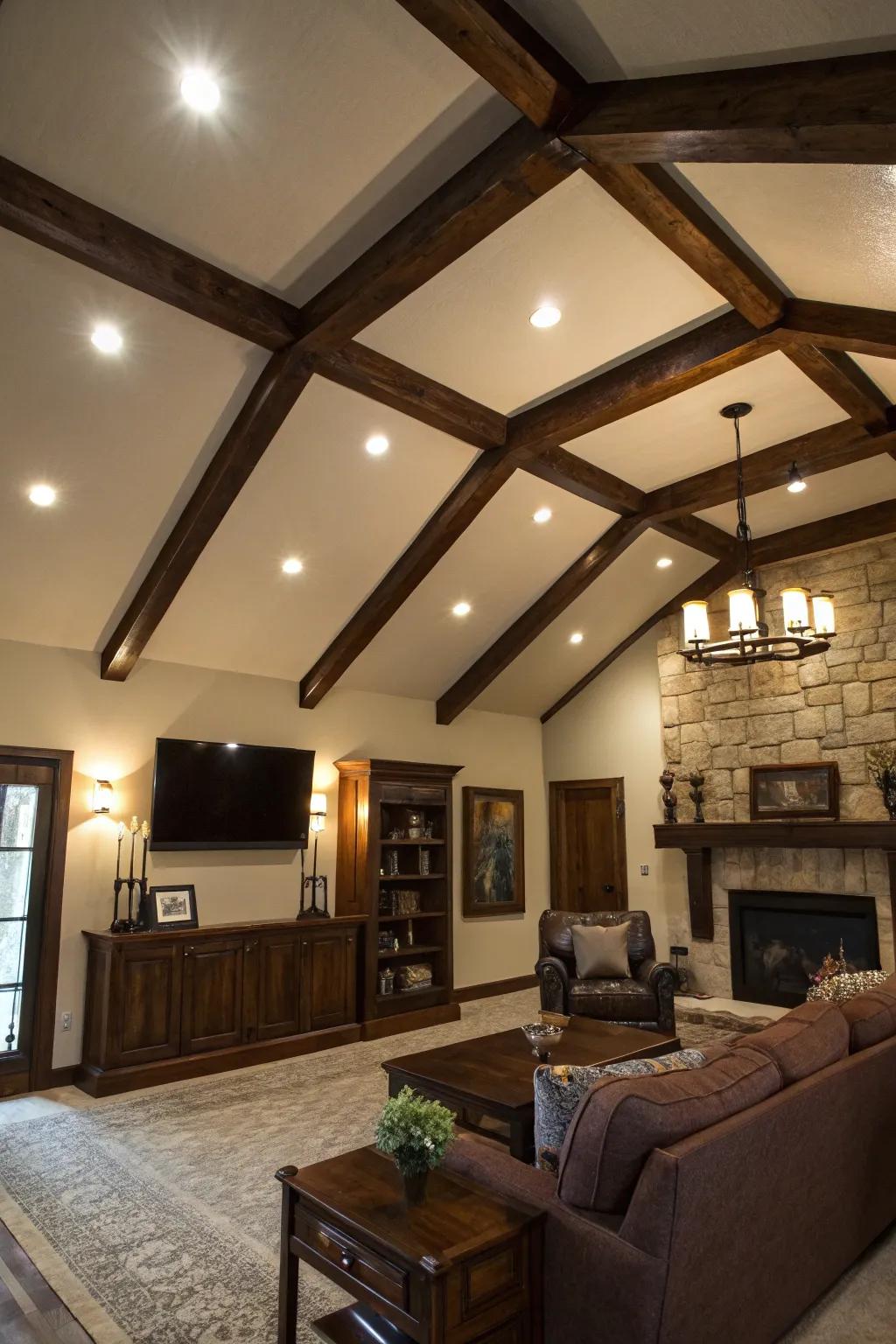 A dramatic living room featuring bold dark wood beams.
