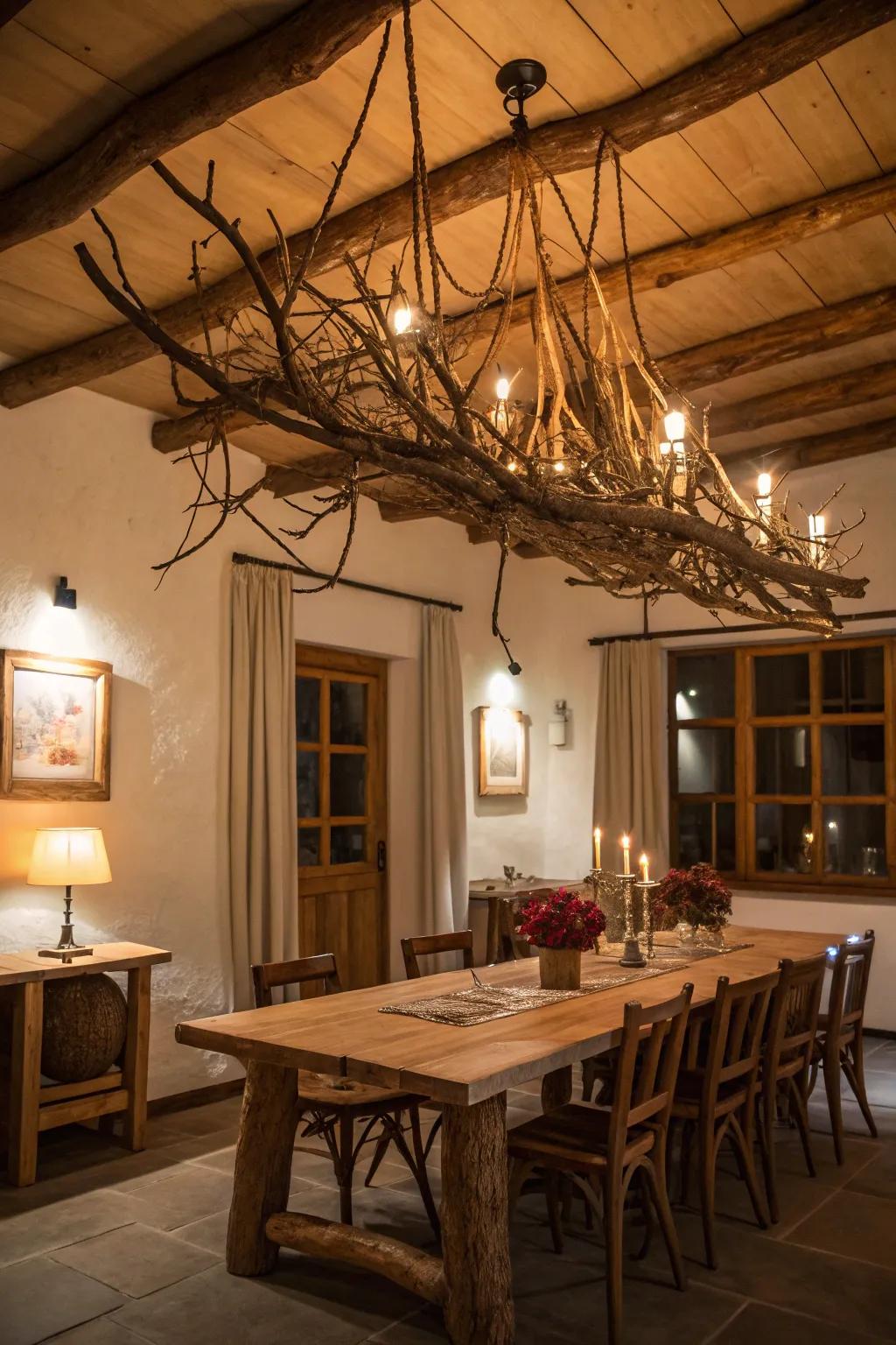 A branch chandelier brings outdoor elegance.