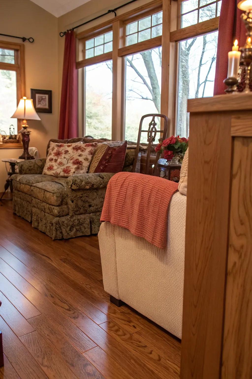 Inviting living room showcasing warm red flooring.