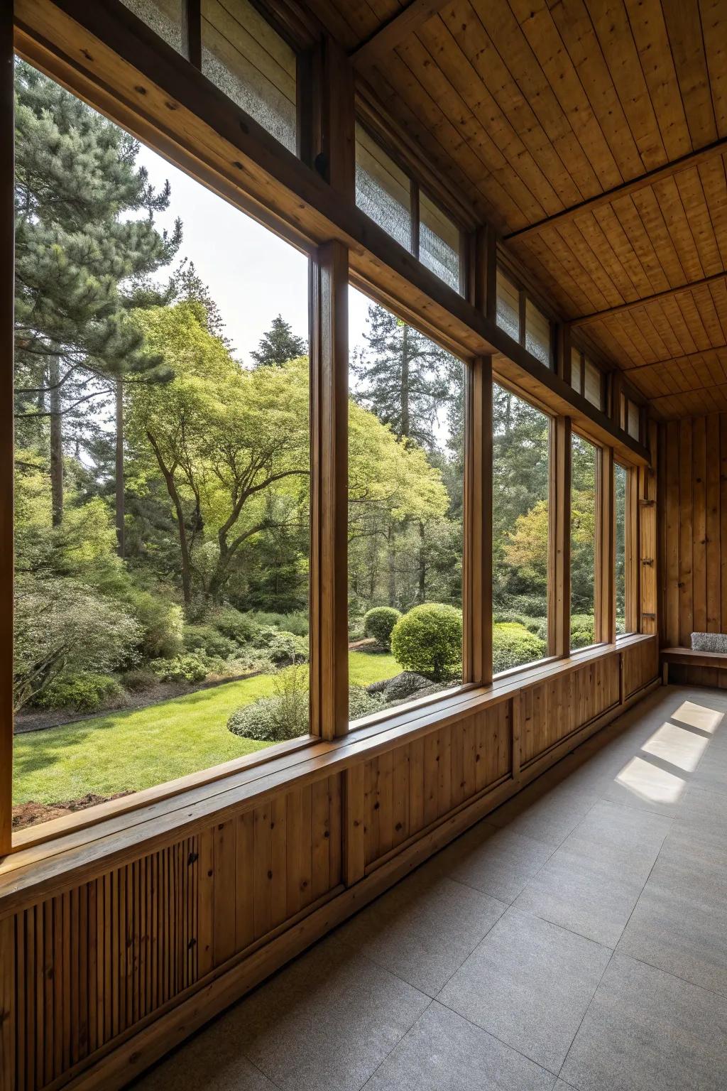 A room where timber panels merge with nature.