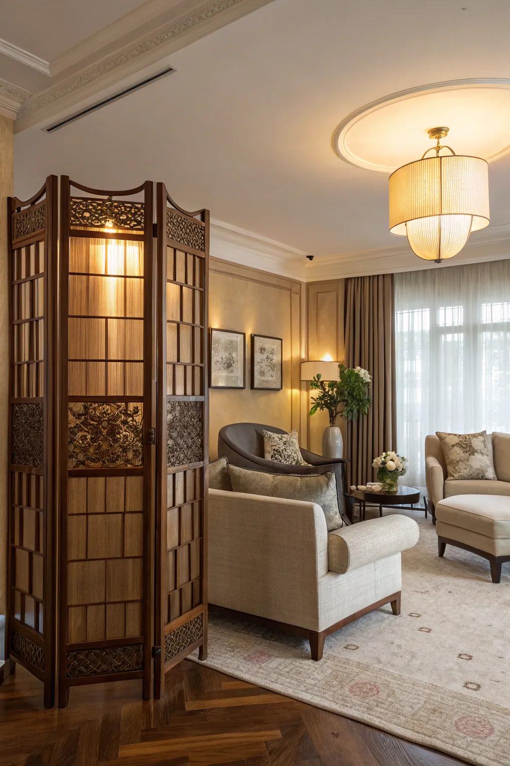 Curvilinear designs contribute a graceful and distinctive component to this living space.