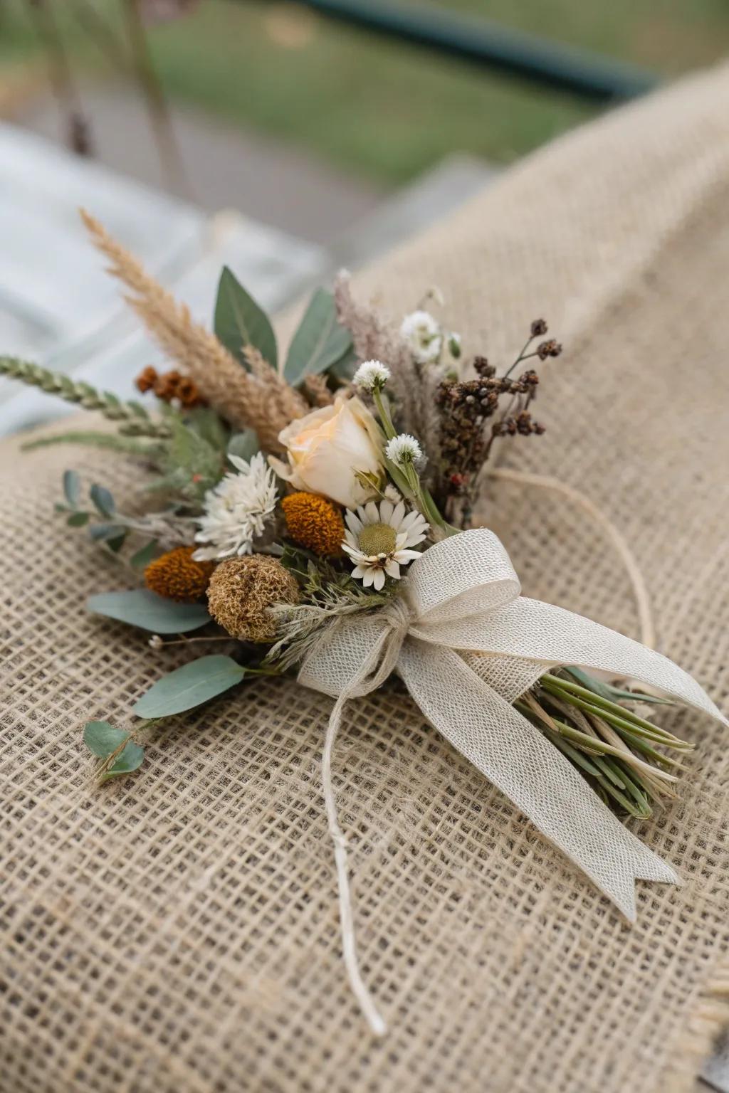 Relaxed bohemian wrist corsage featuring parched flowers.
