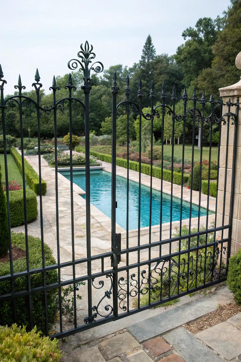 Wide spacing in the metal rod barrier maintains open views of the pool.