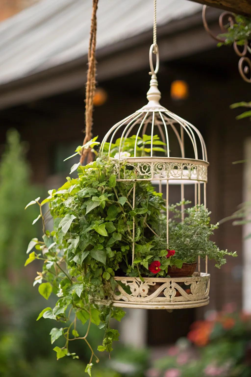 Suspended cage gardens add an enchanting element to the garden.