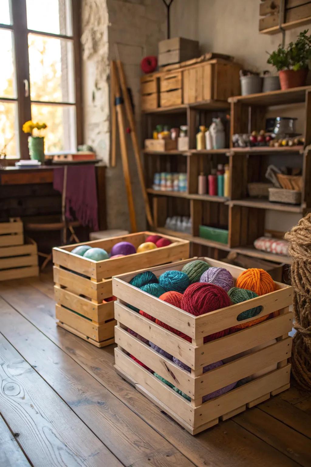 Stacked wooden crates offer adaptable and rustic yarn storage.