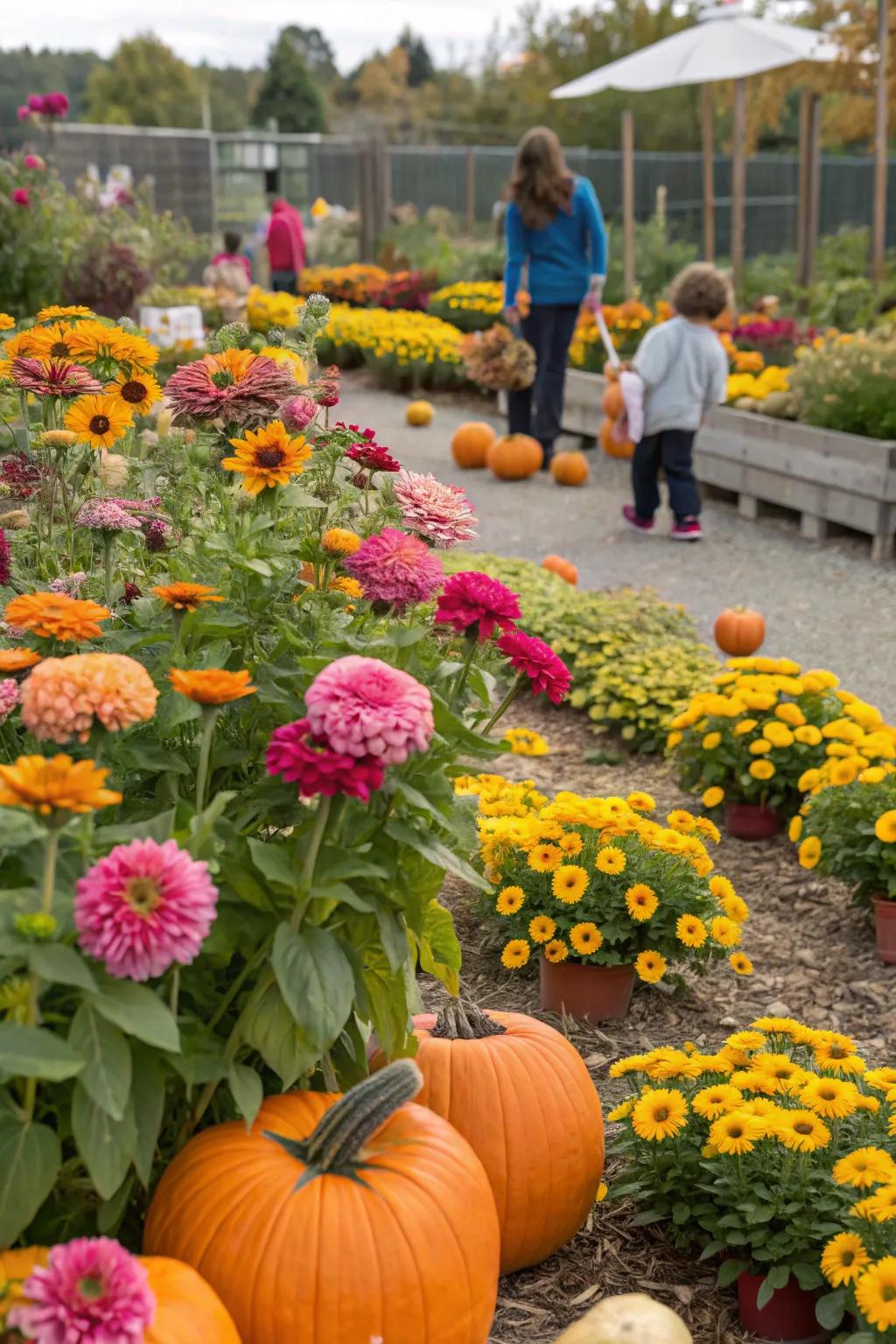 A playful youth garden featuring 'Blooms of Joy', sunbursts, and gourds.