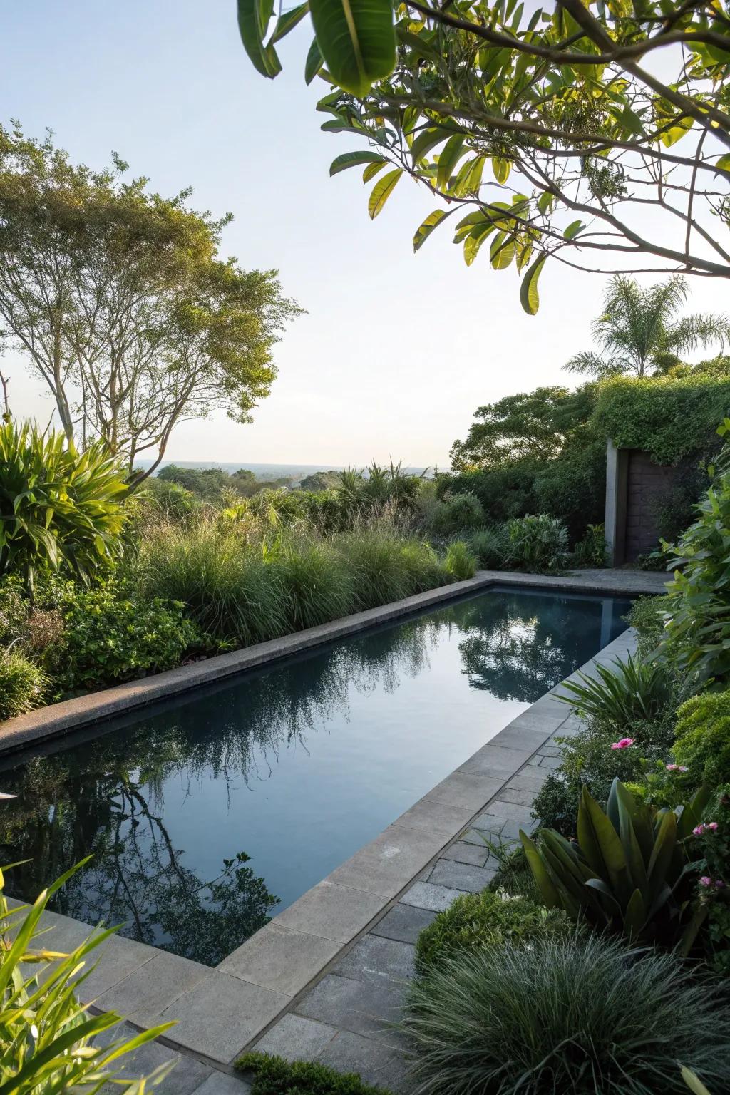A tranquil still water pool adding elegance to the garden.